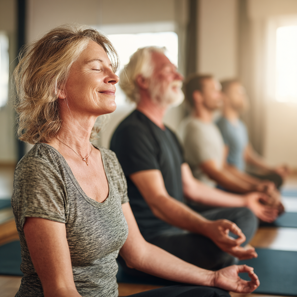 Mature adults enjoying yoga class together in bright studio space